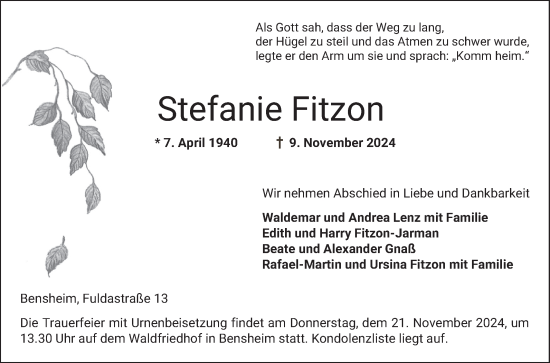 Traueranzeige von Stefanie Fitzon von Bergsträßer Anzeiger