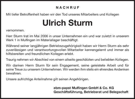 Traueranzeige von Ulrich Sturm von Fränkische Nachrichten