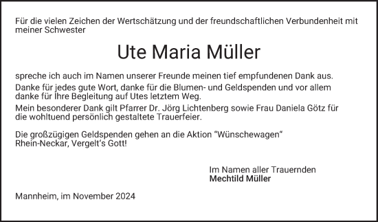 Traueranzeige von Ute Maria Müller von Mannheimer Morgen