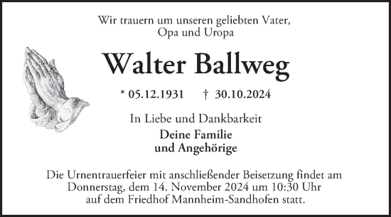 Traueranzeige von Walter Ballweg von Mannheimer Morgen