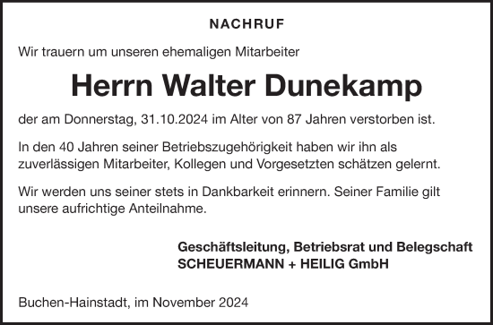 Traueranzeige von Walter Dunekamp von Fränkische Nachrichten