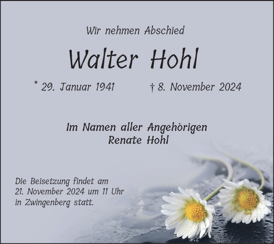 Traueranzeige von Walter Hohl von Bergsträßer Anzeiger