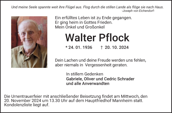 Traueranzeige von Walter Pflock von Mannheimer Morgen