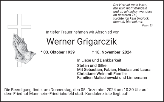 Traueranzeige von Werner Grigarczik von Mannheimer Morgen