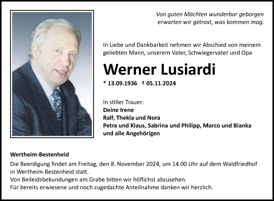 Traueranzeige von Werner Lusiardi von Fränkische Nachrichten