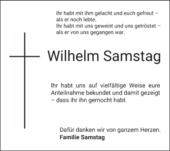 Traueranzeige von Wilhelm Samstag von Bergsträßer Anzeiger