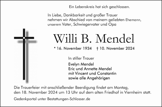 Traueranzeige von Willi Mendel von Mannheimer Morgen