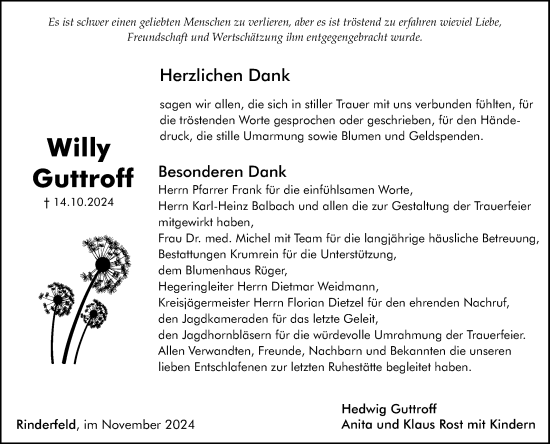 Traueranzeige von Willy Guttroff von Fränkische Nachrichten