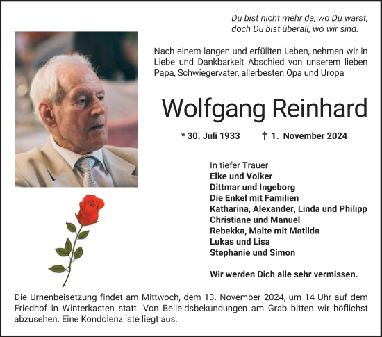 Traueranzeige von Wolfgang Reinhard von Bergsträßer Anzeiger