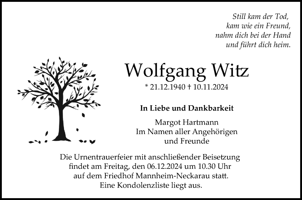  Traueranzeige für Wolfgang Witz vom 30.11.2024 aus Mannheimer Morgen