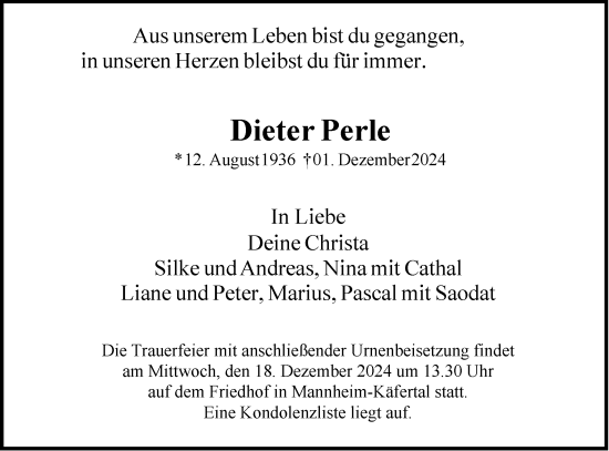 Traueranzeige von Dieter Perle von Mannheimer Morgen