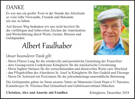 Traueranzeige von Albert Faulhaber von Fränkische Nachrichten