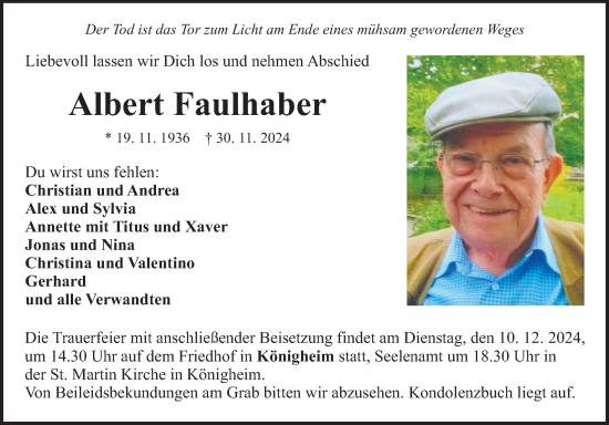 Traueranzeige von Albert Faulhaber von Fränkische Nachrichten