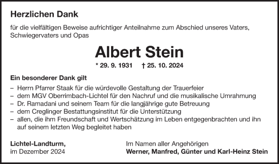 Traueranzeige von Albert Stein von Fränkische Nachrichten