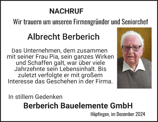 Traueranzeige von Albrecht Berberich von Fränkische Nachrichten