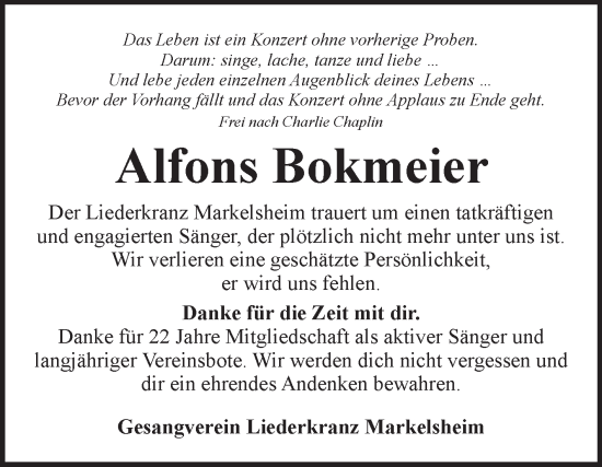 Traueranzeige von Alfons Bokmeier von Fränkische Nachrichten