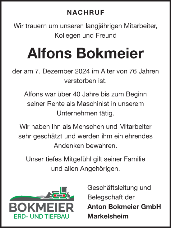 Traueranzeige von Alfons Bokmeier von Fränkische Nachrichten