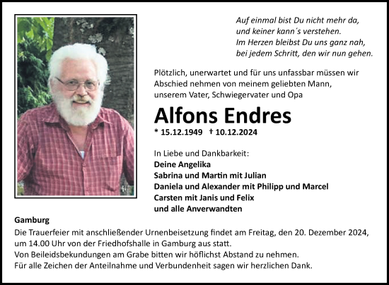 Traueranzeige von Alfons Endres von Fränkische Nachrichten