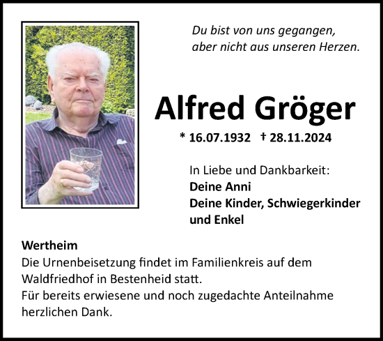 Traueranzeige von Alfred Gröger von Fränkische Nachrichten