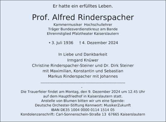 Traueranzeige von Alfred Rinderspacher von Mannheimer Morgen