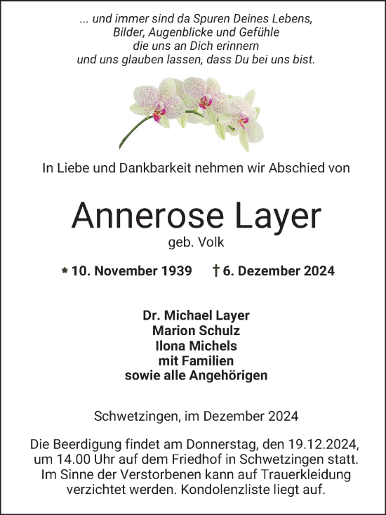 Traueranzeige von Annerose Layer von Schwetzinger Zeitung