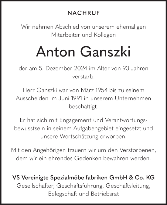 Traueranzeige von Anton Ganszki von Fränkische Nachrichten