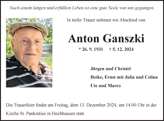 Traueranzeige von Anton Ganszki von Fränkische Nachrichten