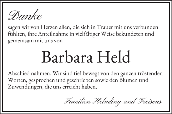 Traueranzeige von Barbara Held von Bergsträßer Anzeiger