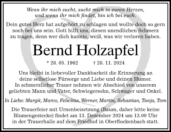 Traueranzeige von Bernd Holzapfel von Mannheimer Morgen