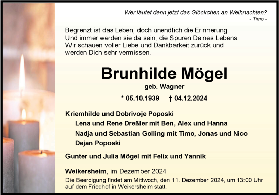 Traueranzeige von Brunhilde Mögel von Fränkische Nachrichten