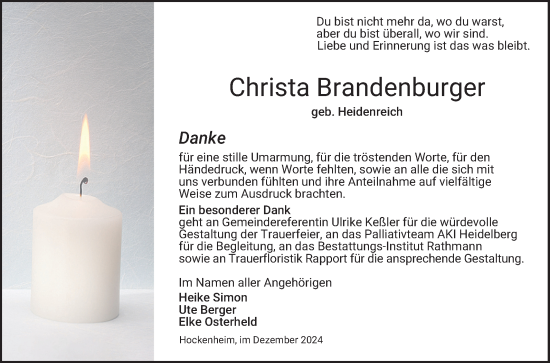 Traueranzeige von Christa Brandenburger von Schwetzinger Zeitung