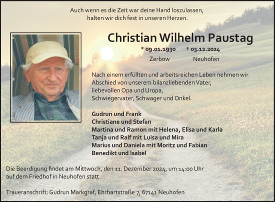 Traueranzeige von Christian Wilhelm Paustag von Schwetzinger Zeitung