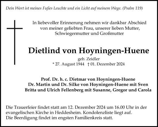 Traueranzeige von Dietlind von Hoyningen-Huene von Mannheimer Morgen