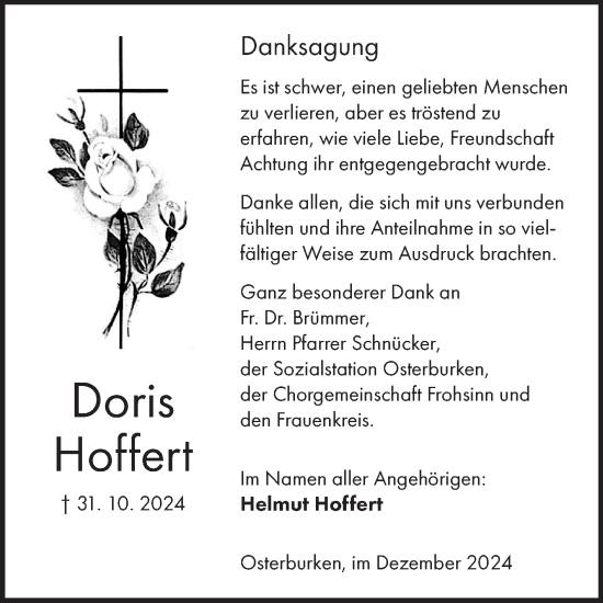 Traueranzeige von Doris Hoffert von Fränkische Nachrichten