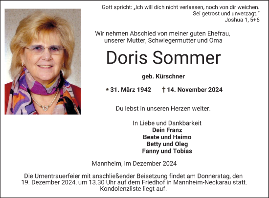 Traueranzeige von Doris Sommer von Mannheimer Morgen