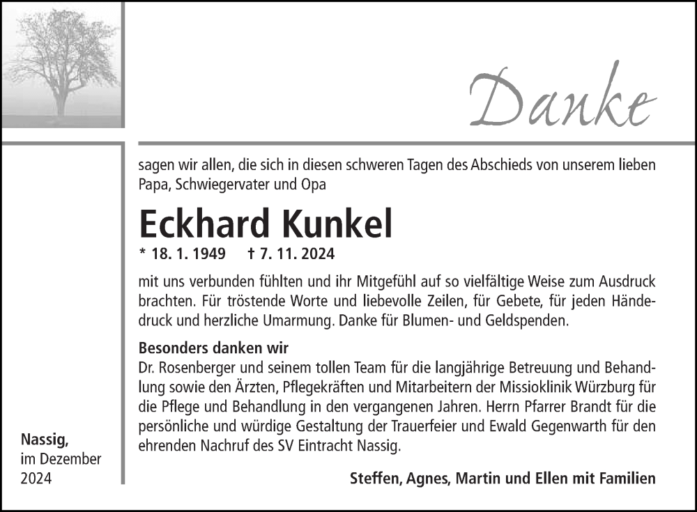  Traueranzeige für Eckhard Kunkel vom 14.12.2024 aus Fränkische Nachrichten