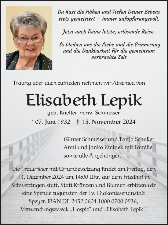 Traueranzeige von Elisabeth Lepik von Schwetzinger Zeitung