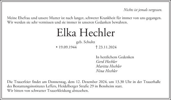 Traueranzeige von Elka Hechler von Bergsträßer Anzeiger