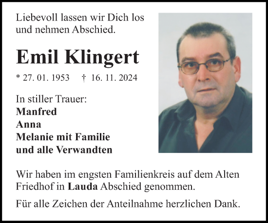 Traueranzeige von Emil Klingert von Fränkische Nachrichten