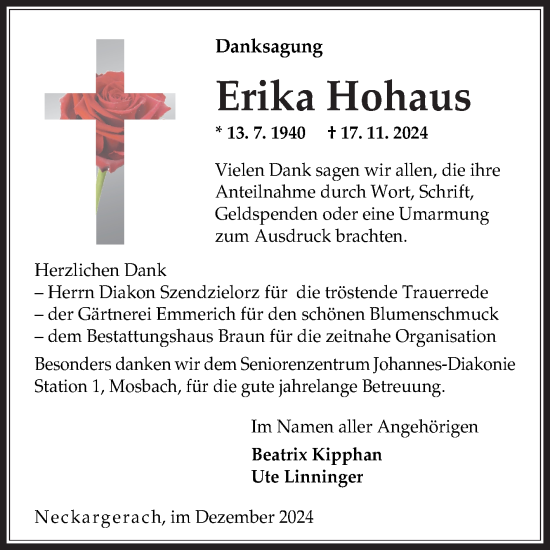 Traueranzeige von Erika Hohaus von Fränkische Nachrichten