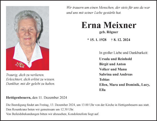 Traueranzeige von Erna Meixner von Fränkische Nachrichten