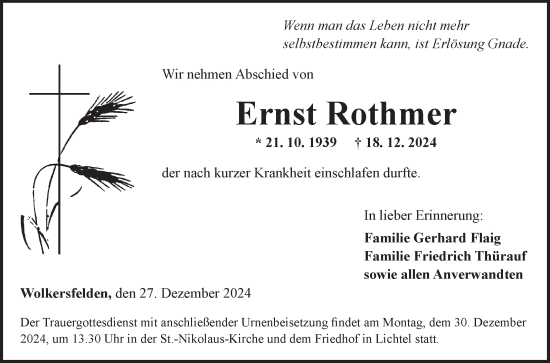 Traueranzeige von Ernst Rothmer von Fränkische Nachrichten