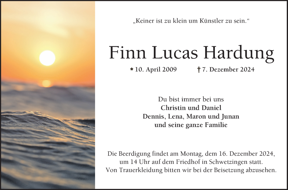  Traueranzeige für Finn Lucas Hardung vom 11.12.2024 aus Schwetzinger Zeitung