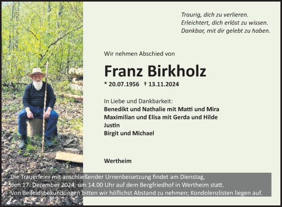 Traueranzeige von Franz Birkholz von Fränkische Nachrichten