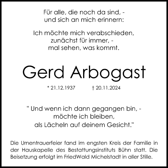 Traueranzeige von Gerd Arbogast von Mannheimer Morgen