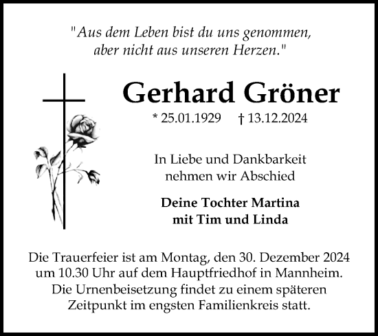 Traueranzeige von Gerhard Gröner von Mannheimer Morgen