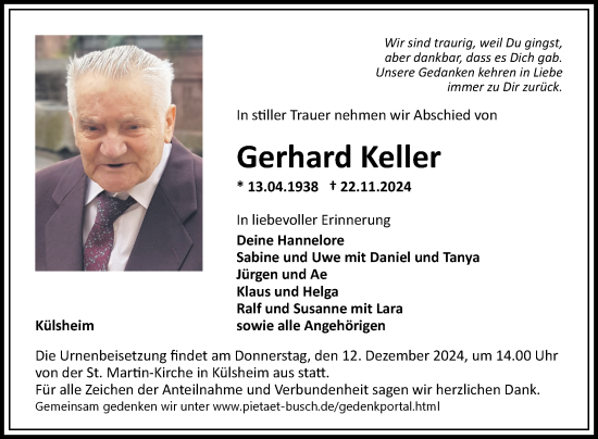 Traueranzeige von Gerhard Keller von Fränkische Nachrichten