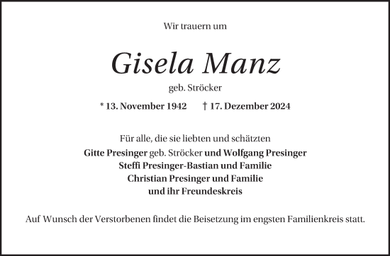 Traueranzeige von Gisela Manz von Mannheimer Morgen