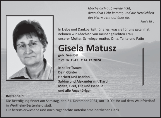 Traueranzeige von Gisela Matusz von Fränkische Nachrichten