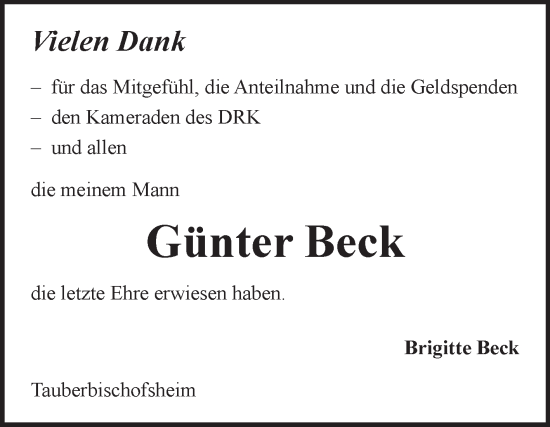 Traueranzeige von Günter Beck von Fränkische Nachrichten